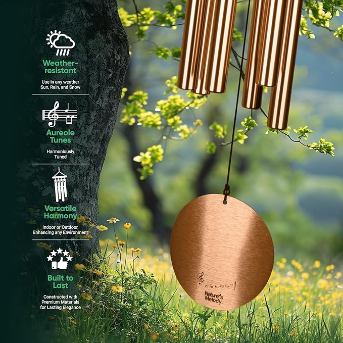 Nature’s Melody Aureole Tunes Wind Chimes – Outdoor Windchime with 6 Tubes, 100% Rustproof Aluminum, Powder Finish & S Hook Hanger for Sympathy, Memorial Gift or Zen Garden (Bronze, 28")