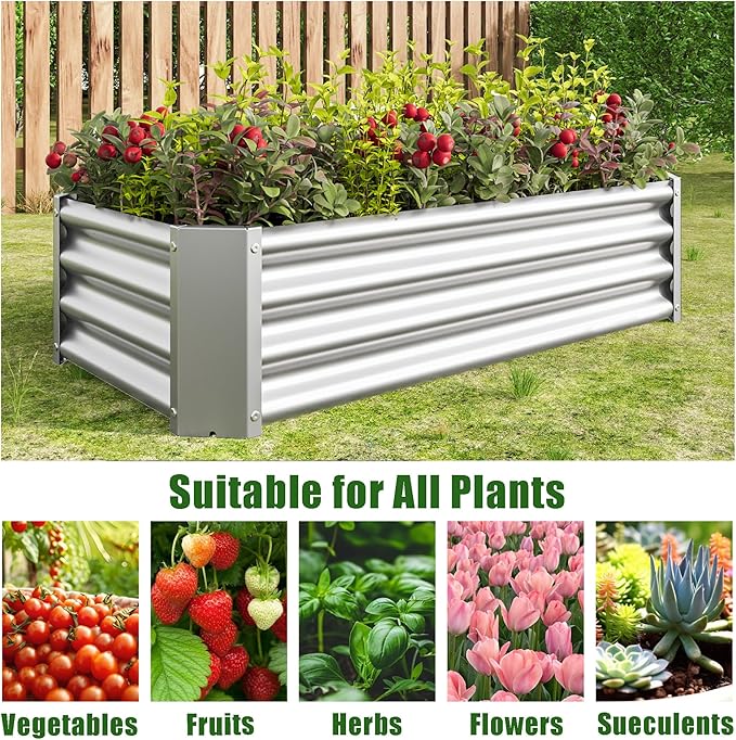 4x2x1ft Raised Garden Bed, Outdoor Galvanized Raised Garden Beds, Metal Raised Beds for Gardening Vegetables Fruits and Flowers, Easy Assembly, 52 Gallon Capacity - Silver