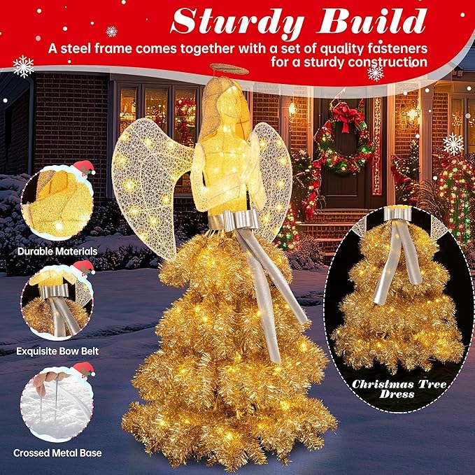 Vongrasig 5 FT Christmas Angel Outdoor Lighted Holiday Displays, Pre-lit 3D Outdoor/Indoor Glittered Angel with 100 Warm Lights, Bow, Zip Ties, Stakes for Birthday Party Decoration