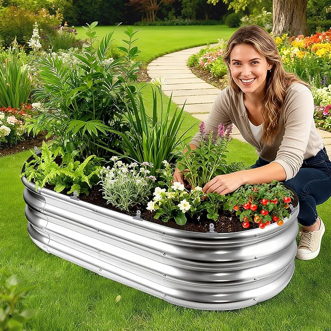 2 Sets 4 x 2 x 1 ft Raised Garden Bed Liner Bag, Breathable Grow Bed Fabric Liners with Clips and Gloves, Garden Box Non Woven Bag for Outdoor Plants Growth Keep Soil Isolation (Oval)