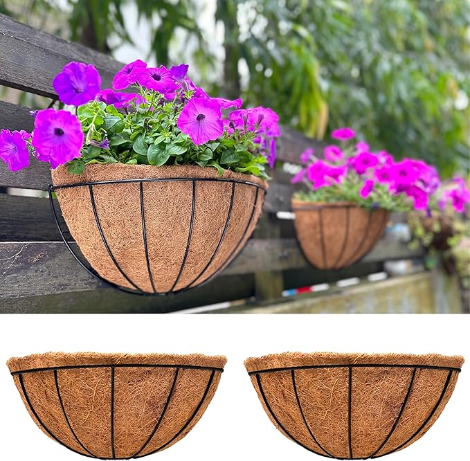Maxona Wall Hanging Baskets,16 Inch 2 Pack Flower Planters for Outdoor Plants Wall Mounted with Coco Liner, Metal Iron Wire Holder for Window Herb Railing Fence Deck Balcony Porch Garden