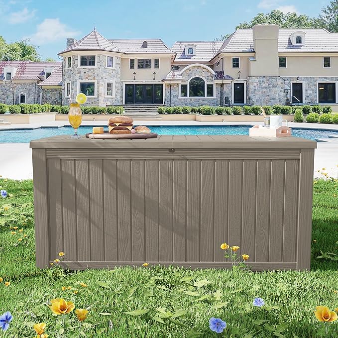 Yardgrace Outdoor Storage Box, 200 Gallon Resin Deck Box for Patio Furniture, Garden Tools and Pool Accessories, Waterproof Lockable UV-Resistant Storage Bin Bench Cabinet for Outside, Grey