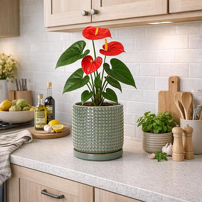 D'vine Dev 6 Inch Ceramic Beaded Stoneware Planter Pot - Flower Pot with Drainage Holes and Saucers for Indoor Succulent Plants or Flowers, Olive, 27-C-X-0