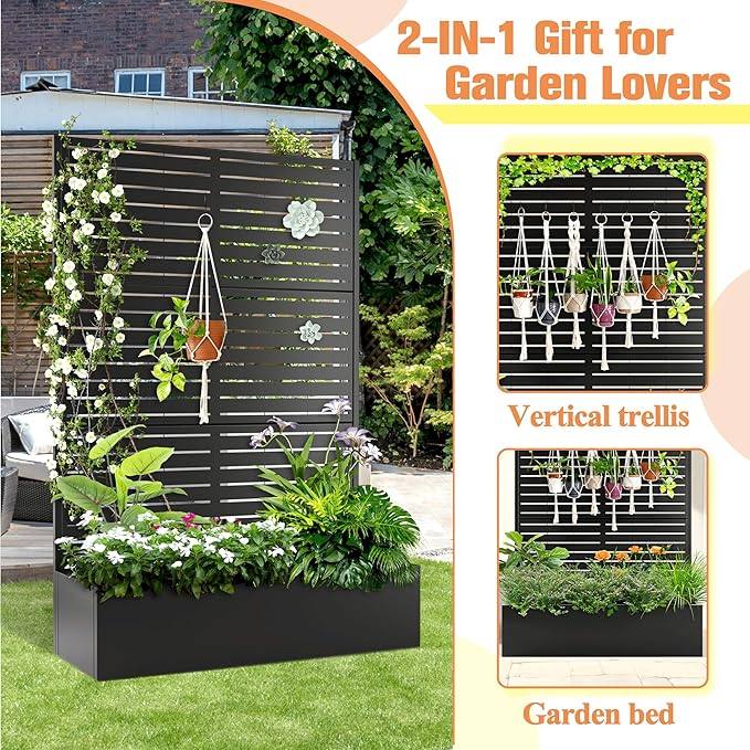 Metal Planter Box with Trellis & Wheels, Raised Garden Bed with Privacy Screen, Outdoor Standing Flower Beds with Drainage Hole for Climbing Plants, Vine, 47" Lx16 Wx71 H, Black-Louvered