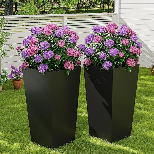 2-Pack 30 Inch Self-Watering Tall Planters with Wheels & Water Level Gauge – Durable Plastic Large Garden Pots with Drainage, Modern Design for Indoor Outdoor Patio Porch Living Room (Black)