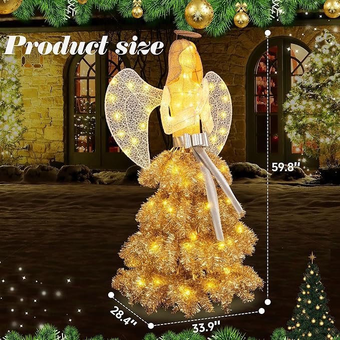 Vongrasig 5 FT Christmas Angel Outdoor Lighted Holiday Displays, Pre-lit 3D Outdoor/Indoor Glittered Angel with 100 Warm Lights, Bow, Zip Ties, Stakes for Birthday Party Decoration