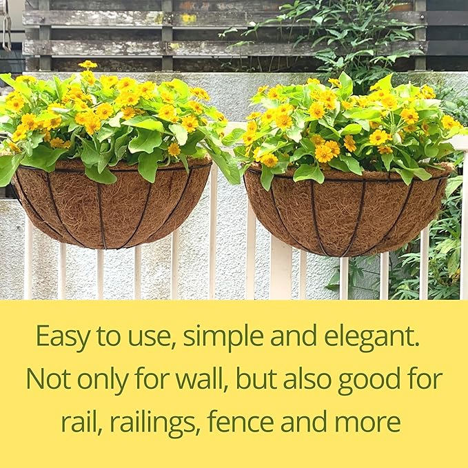 Maxona Wall Hanging Baskets,16 Inch 2 Pack Flower Planters for Outdoor Plants Wall Mounted with Coco Liner, Metal Iron Wire Holder for Window Herb Railing Fence Deck Balcony Porch Garden