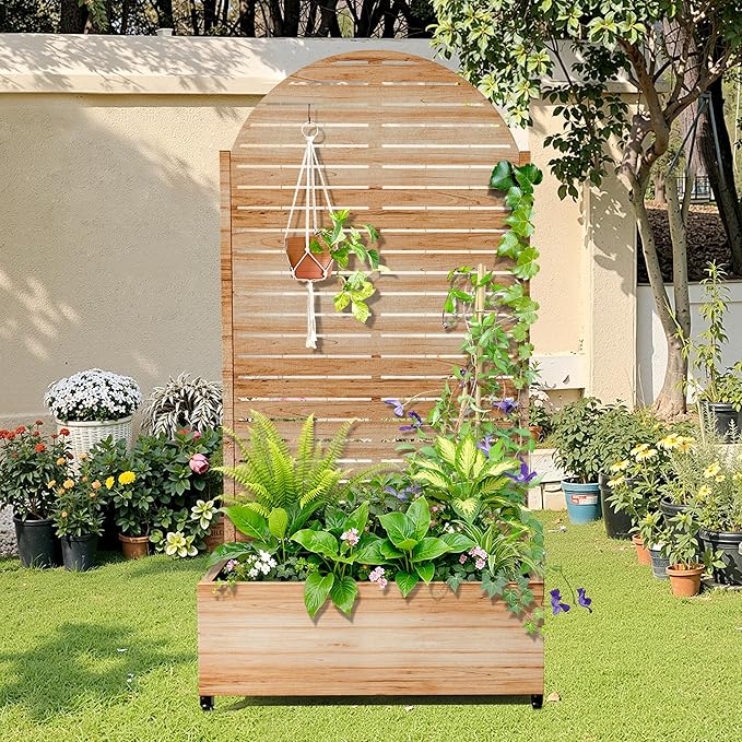 Metal Raised Garden Bed with Trellis, 2-in-1 Planter Box & Privacy Screen for Climbing Plants, Outdoor Standing Flower Bed with Drainage Holes, 35.4" L x 15.7" W x 70.1" H, Acacia Wood Grain-Louvered