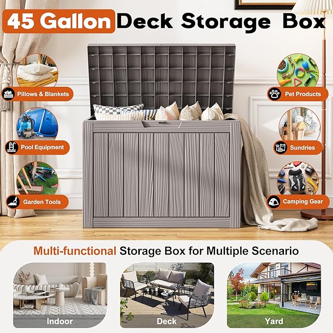NBYSGO Outdoor Storage Box, Resin Deck Boxes Indoor and outdoor, Waterproof Storage Box Lockable Lid (Grey, 45 Gallon)