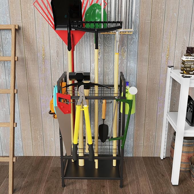 VGMiu Garden Tool Organizer for Garage, Yard Tool Rack, Holds Up to 36 Long-Handled Tools, Black Metal Garden Tools Rack Storage with Hooks for Yard Shed Garage Organization