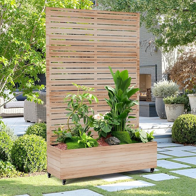 15.7"×70.9"×47.2" Metal Raised Garden Bed with Trellis and Wheels - Tall Trellis Planter Box for Climbing Plants, Vegetables & Vines - Outdoor Privacy Planters for Patio (Acacia Wood Grain)