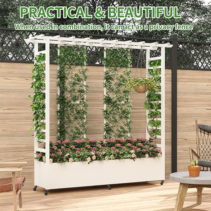 Raised Garden Bed with Trellis & Hanging Roof, Weatherproof Metal Planter Box with Wheels, Garden Arch Trellis for Outdoor Climbing Plants Vines Flowers, 74" H x 77" L x 17" W, White