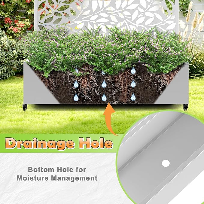 Metal Raised Garden Bed with Trellis, 2 in 1 Trellis with Planter Box & Privacy Screen for Climbing Plants, Vine, Outdoor Standing Flower Beds with Drainage Holes,47.2" L x 16.7" W x 70.8" H,(White)