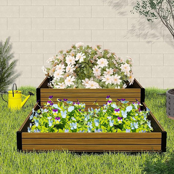 Elevated Wooden Raised Garden Planter - 2-Tier Outdoor Flower & Vegetable Box for Patio, Backyard, or Garden - Durable, Weather-Resistant Design - 47.2" x 47.2" x 12.2" (Brown)