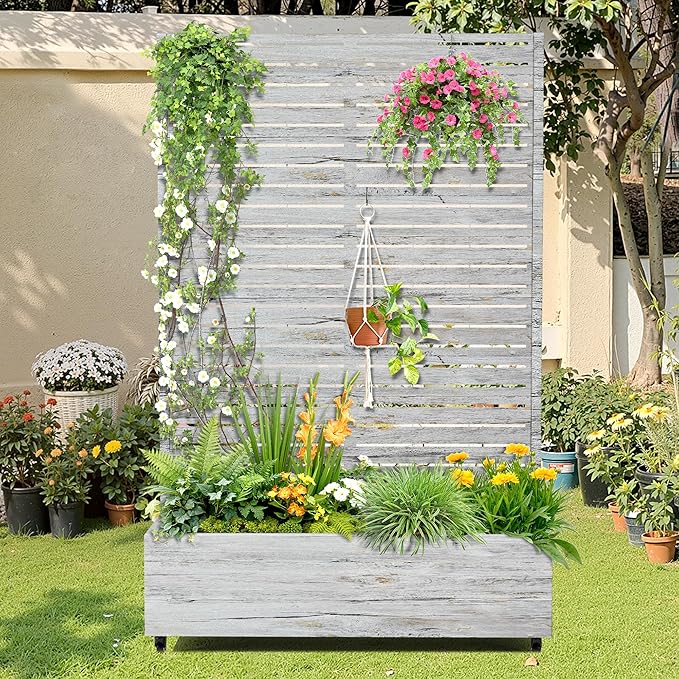Metal Raised Garden Bed with Trellis, 2-in-1 Planter Box & Privacy Screen for Climbing Plants, Outdoor Standing Flower Bed with Drainage Holes, 47.2" L x 16.7" W x 70.8" H, White Oak Grain