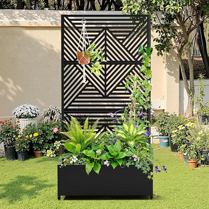 Metal Raised Garden Bed with Trellis, 2-in-1 Planter Box & Privacy Screen for Climbing Plants, Outdoor Standing Flower Bed with Drainage Holes, 35.4" L x 15.7" W x 70.1" H, Black-Zodiac