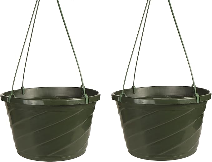 The HC Companies Euro Hanging Basket Planter Decorative 12-Inch Large Plastic Hanging Basket w/Swirl Design for Outdoor Plant, Green (Pack of 2)