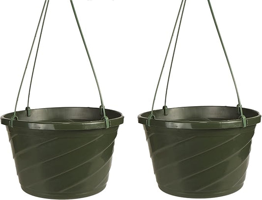 The HC Companies Euro Hanging Basket Planter Decorative 12-Inch Large Plastic Hanging Basket w/Swirl Design for Outdoor Plant, Green (Pack of 2)