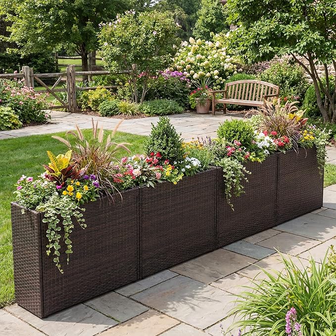 Giantex Set of 2 Wicker Raised Garden Bed, 32”x11”x24”, Rectangular Garden Planter Box w/PE Rattan, Liner Fabric, Wicker Patio Elevated Raised Bed for Vegetable Flower Herb Porch Balcony