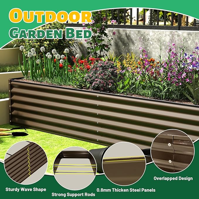 Domi 6×3×1.5 ft Galvanized Raised Garden Bed, Outdoor Planter Garden Boxes Large Metal Planter Box for Gardening Vegetables Fruits Flowers, Brown