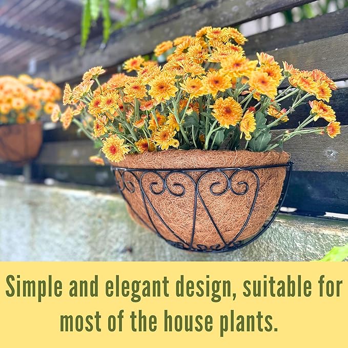 LaLaGreen Outdoor Wall Planters (2 Pack, 16 Inch) Black Metal Wall Mounted Hanging Basket with Coco Liner, Large Flower Pot Plant Holder Planter for Fence Railing Deck Porch Balcony Modern Home Decor