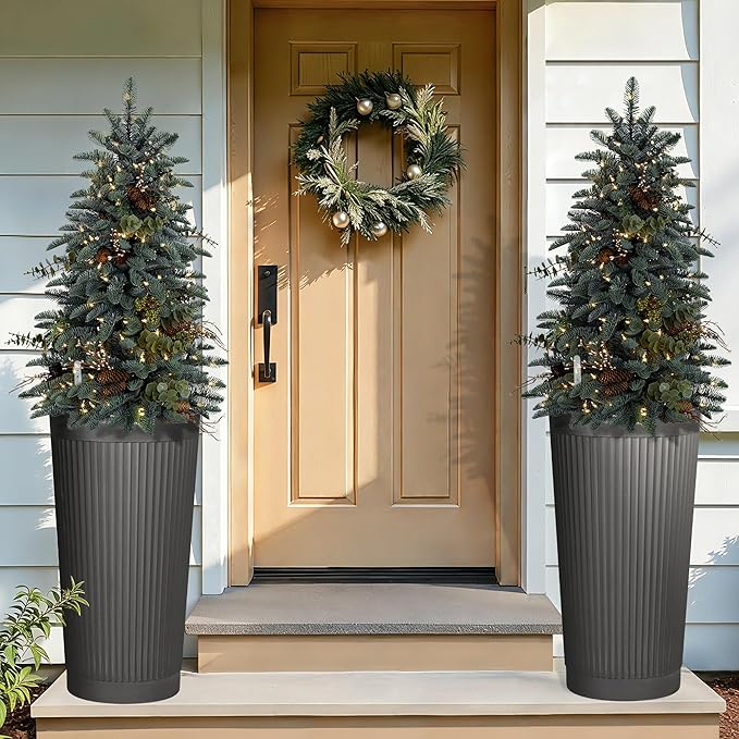 Set of 2 Tall Self-Watering Planters, 24" Large Planters with Water Level Indicator for Indoor & Outdoor Plants, Modern Planters for Garden, Patio, Balcony, Porch, Cement Gray