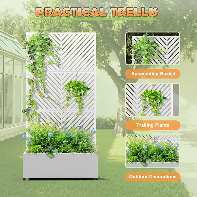 Metal Raised Garden Bed with Trellis, 2-in-1 Planter Box & Privacy Screen for Climbing Plants, Outdoor Standing Flower Bed with Drainage Holes, 35.4" L x 15.7" W x 70.1" H, White-Parallel