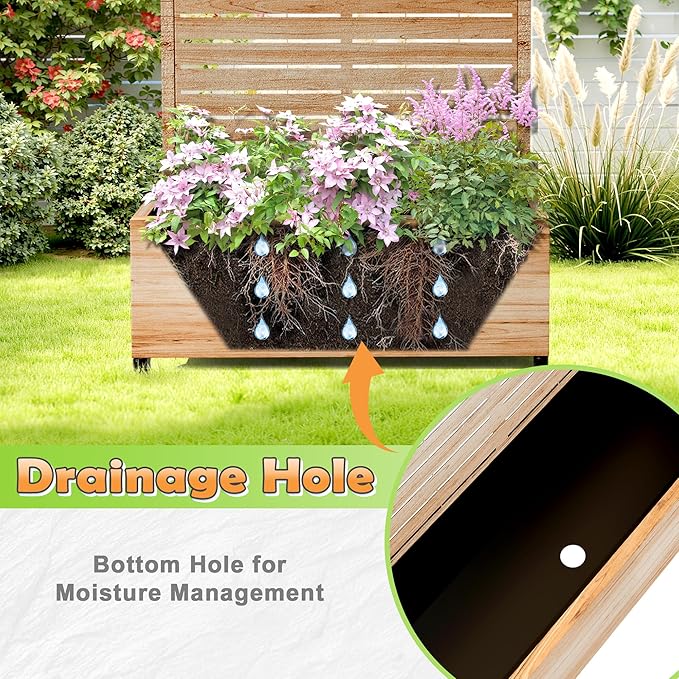 Metal Raised Garden Bed with Trellis, 2-in-1 Planter Box & Privacy Screen for Climbing Plants, Outdoor Standing Flower Bed with Drainage Holes, 35.4" L x 15.7" W x 70.1" H, Acacia Wood Grain-Louvered