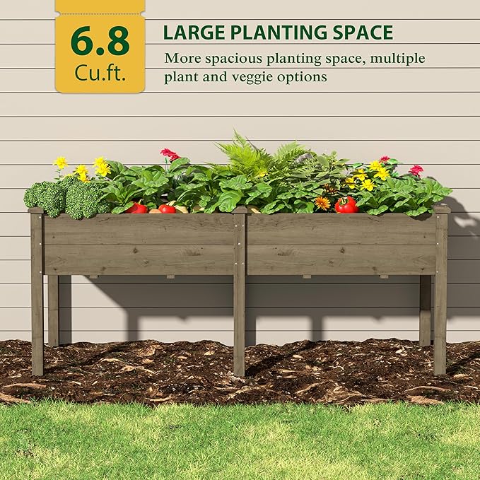 BlueWish 72''L x 23''W x 30''H Outdoor Cedar Garden Bed, Raised Garden Bed with 8 Drainage Holes & 6 Legs, Elevated Planter Boxes for Gardening, Vegetable, Flower, 661lbs Capacity, Brown