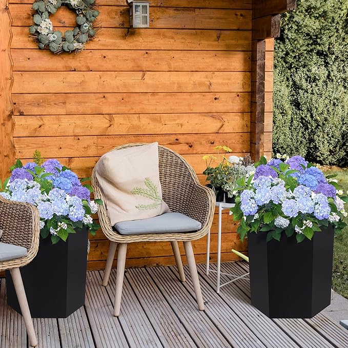 16" Tall Planters Set of 2, Large Outdoor & Indoor Self-Watering Pots with Water Level Monitor, Drainage Hole & Wheels, Planter Pots for Garden, Patio, Balcony, Lounge - Black