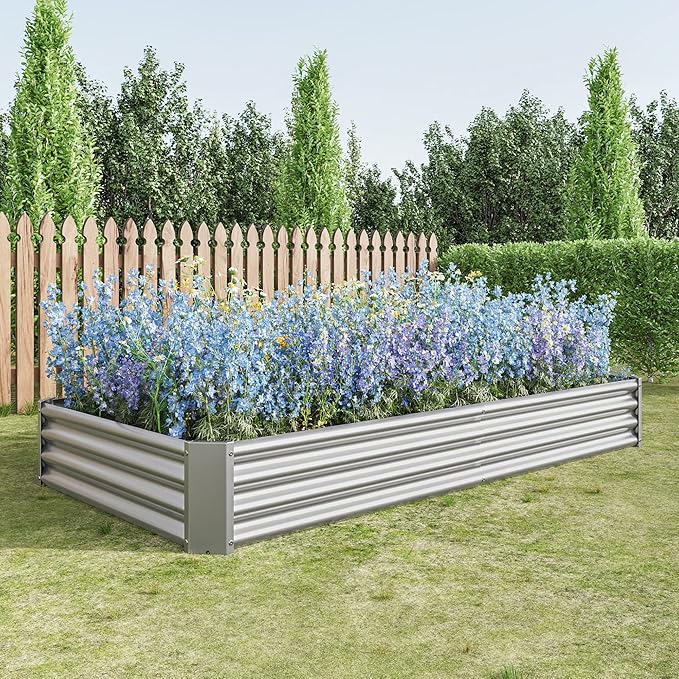 8x4x1ft Raised Garden Bed, Outdoor Galvanized Raised Garden Beds, Metal Raised Beds for Gardening Vegetables Fruits and Flowers, Easy Assembly, 202 Gallon Capacity - Silver