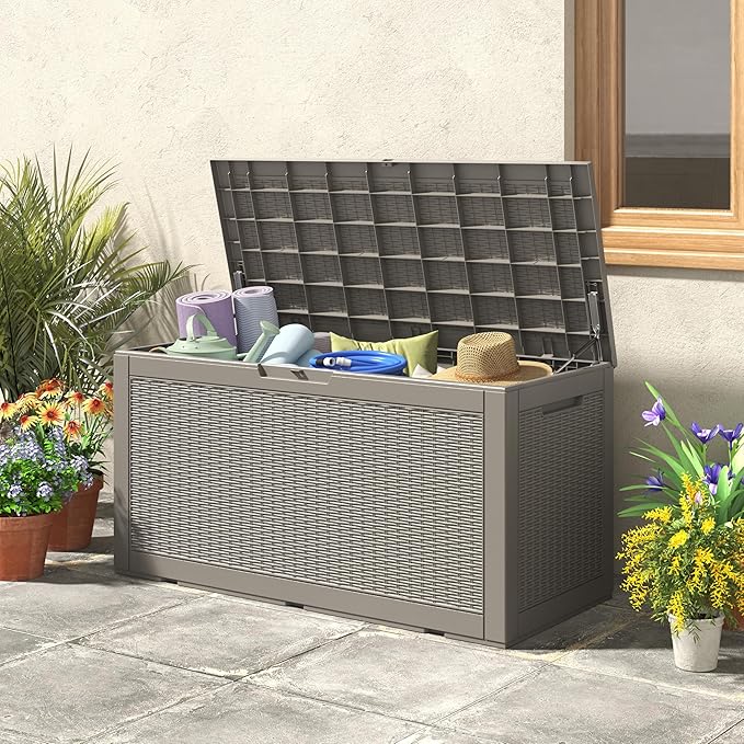 NBYSGO Outdoor Storage Box, Resin Deck Boxes Indoor and outdoor, Waterproof Storage Box Lockable Lid (Grey, 100 Gallon)