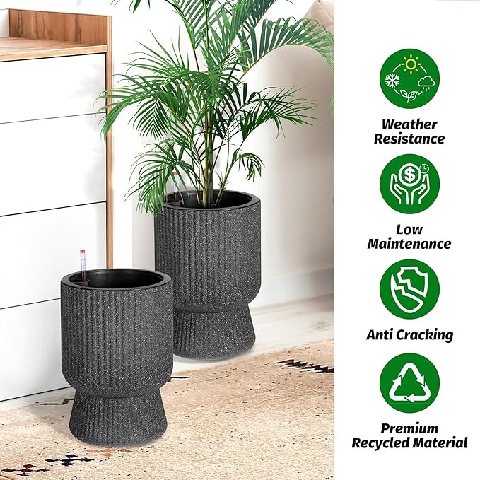 14.2" Tall Planters Set of 2, Large Indoor/Outdoor Self-Watering Plant Pots with Drainage, Water Level Monitor & Wheels, Flower Pots for Patio, Porch, Living Room, Home Office