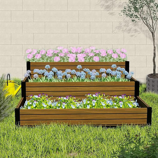 Elevated Wooden Raised Garden Planter - 3-Tier Outdoor Flower & Vegetable Box for Patio, Backyard, or Garden - Durable, Weather-Resistant Design - 47.2" x 21.7" x 18.1" (Brown)