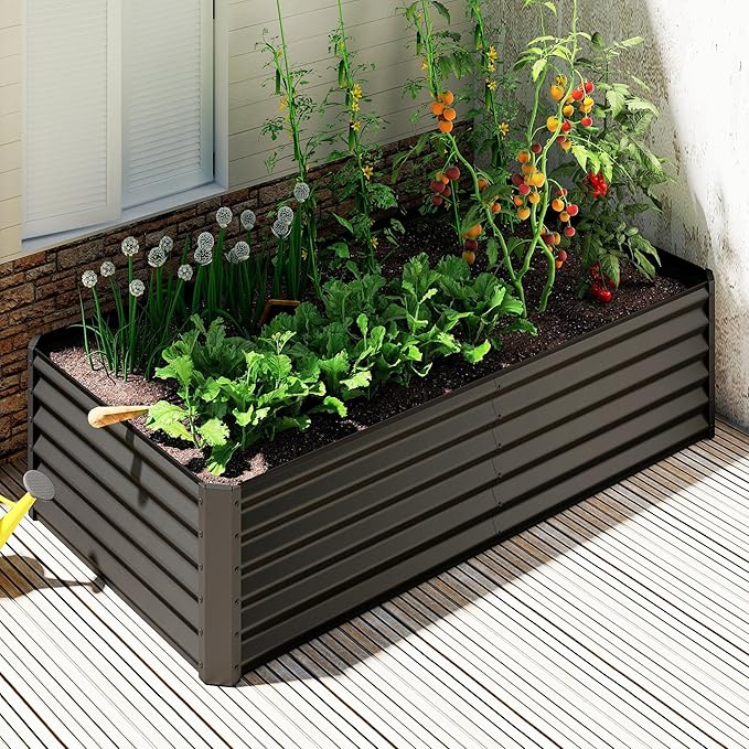 Domi 6×3×1.5 ft Galvanized Raised Garden Bed, Outdoor Planter Garden Boxes Large Metal Planter Box for Gardening Vegetables Fruits Flowers, Grey