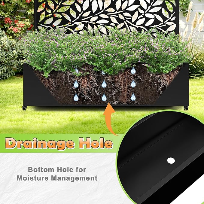 Metal Raised Garden Bed with Trellis, 2 in 1 Trellis with Planter Box & Privacy Screen for Climbing Plants, Vine, Outdoor Standing Flower Beds with Drainage Holes,47.2" L x 16.7" W x 70.8" H,(Black)