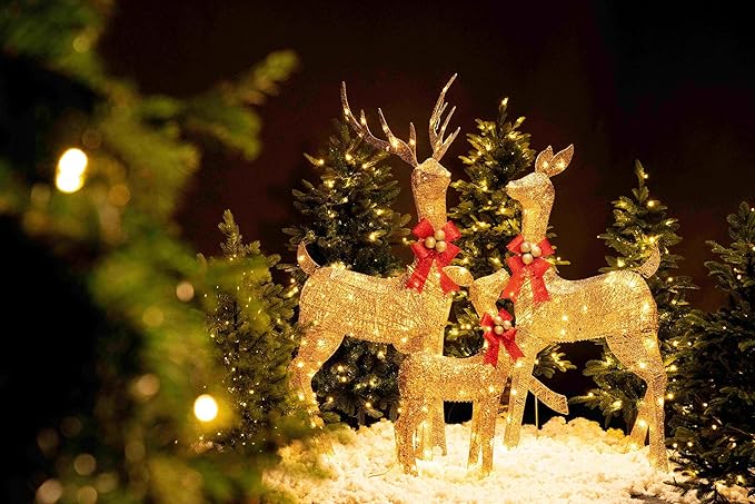 Jingle Joy 3-Piece Large Lighted Christmas Deer Family Set 5Ft Outdoor Yard Decoration with 210 LED Lights, Stakes, Zip Ties (Gold)