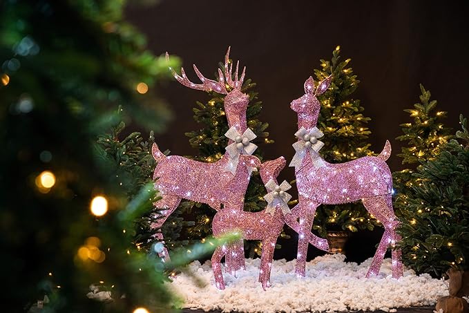 Jingle Joy 5ft Twinkle Lighted Outdoor Deer Set with LED Lights – 3-Piece Reindeer Family Decor for Yard Display – Weather-Resistant Holiday & Valentine's Day Decoration (Pink)