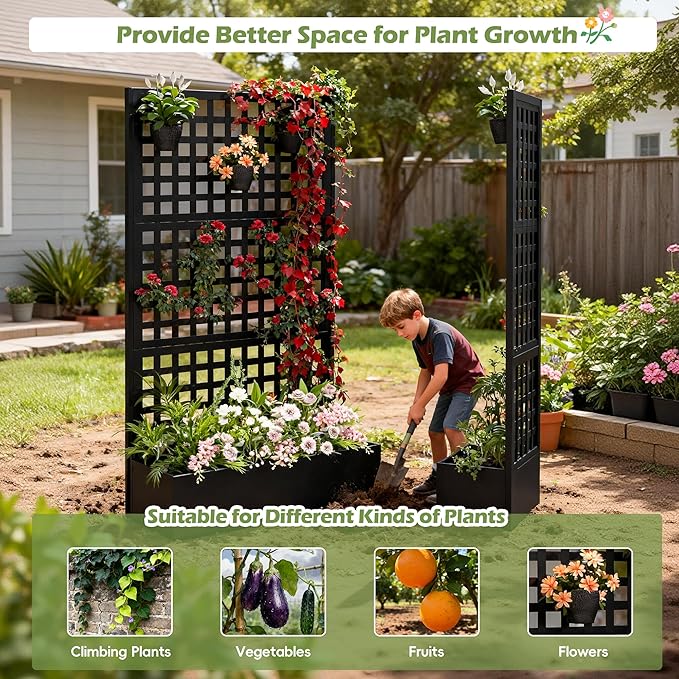 Metal Raised Garden Bed with Trellis, Vegetable and Flower Garden Boxes, Black Planter Box with Trellis for Climbing Plants Vegetable Outdoor Indoor, Large 1Pc