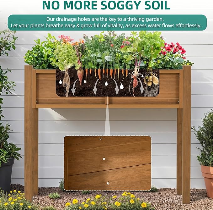 YITAHOME Elevated Garden Bed Raised Garden Bed with Legs & Drainage Hole Weatherproof Elevated Planter Box Patio Planters for Herbs Vegetables Flowers Plant Bed for Garden Balcony Backyard, Teak