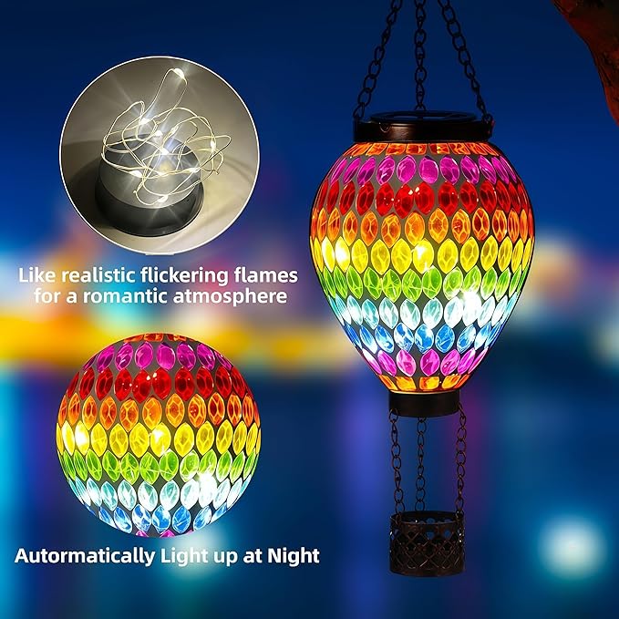 VOREEN Hot Air Balloon Solar Lantern, Handmade Mosaic Solar Outdoor Hanging Wind Light, Waterproof, Patio Festive Decor, Gift for Mom Wife Friend, Rainbow Pattern