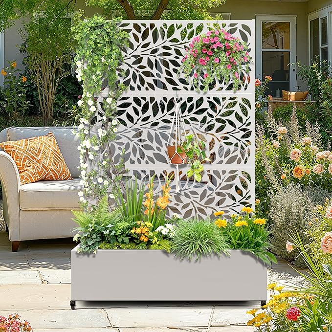 Metal Raised Garden Bed with Trellis, 2 in 1 Trellis with Planter Box & Privacy Screen for Climbing Plants, Vine, Outdoor Standing Flower Beds with Drainage Holes,47.2" L x 16.7" W x 70.8" H,(White)
