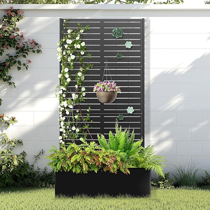 Metal Raised Garden Bed with Trellis, 2 in 1 Trellis with Planter Box & Privacy Screen for Climbing Plants, Vine, Outdoor Standing Flower Beds with Drainage Holes, 35.4" L x 15.7" W x 70.9" H, Black