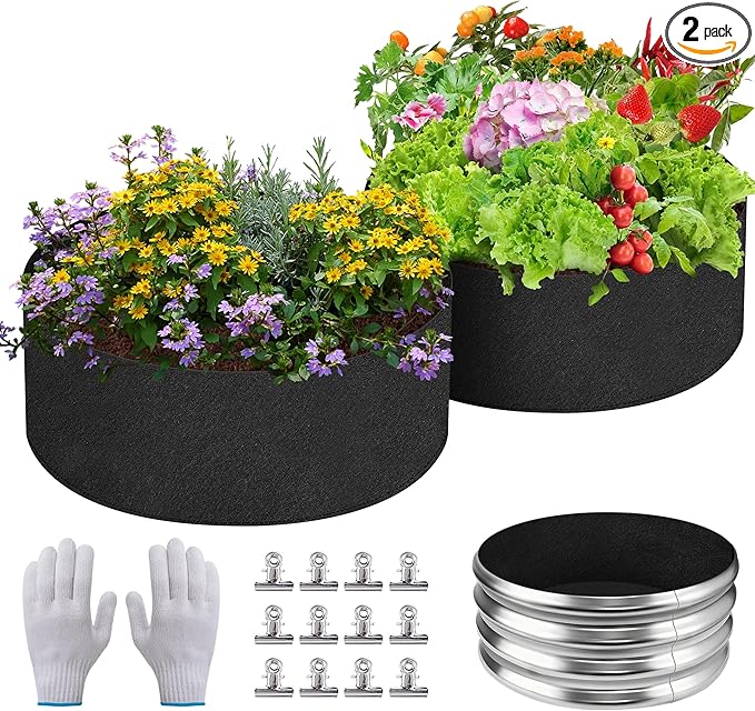 2 Sets 2 x 2 x 1 ft Raised Garden Bed Liner Bag, Breathable Grow Bed Fabric Liners with Clips and Gloves, Garden Box Non Woven Bag for Outdoor Plants Growth Keep Soil Isolation (Circular)