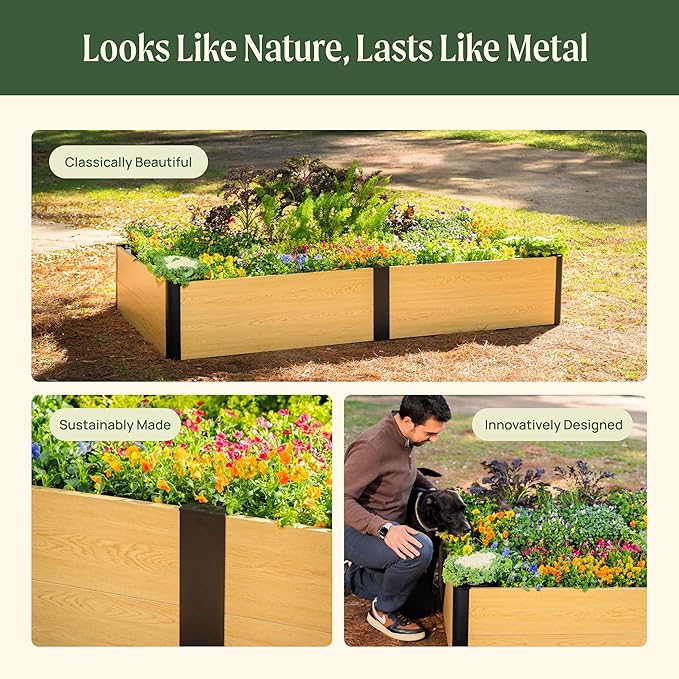 Vego garden Woodgrain Series Raised Garden Bed, 16'' Tall 4' x 8' Wooden-Look Metal Planter Box Outdoor for Gardening Vegetables, Flowers, Herbs