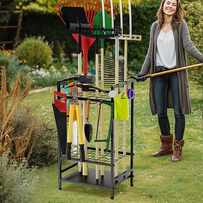 VGMiu Garden Tool Organizer for Garage, Yard Tool Rack, Holds Up to 36 Long-Handled Tools, Black Metal Garden Tools Rack Storage with Hooks for Yard Shed Garage Organization