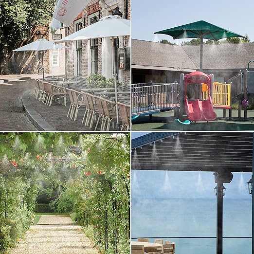 Mornajina Outdoor Misting Cooling System with Pump Kit, 65.6FT(20M) Misting Line with Filter, 26 Brass Mist Nozzles, 1 Brass Adapter (3/4"), 12V DC 60W 5L/Min, Self Priming Sprayer Water Pump