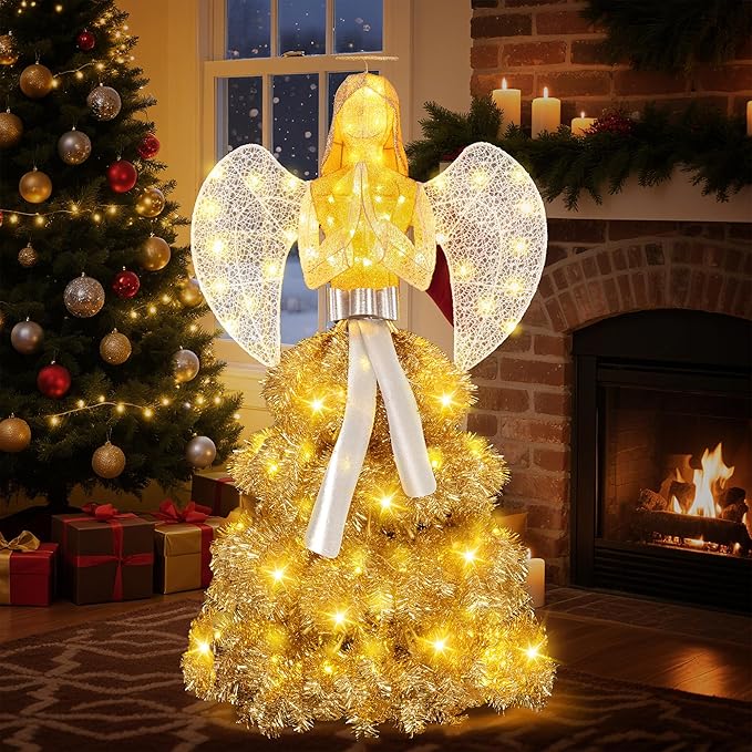 Shintenchi 5FT Lighted Christmas Angel, Outdoor Xmas Decoration with 150 LED Lights, Pre-lit 3D Glittered Angel for Lawn Yard Garden with Ground Stakes and Zip Ties, Warm Golden Color