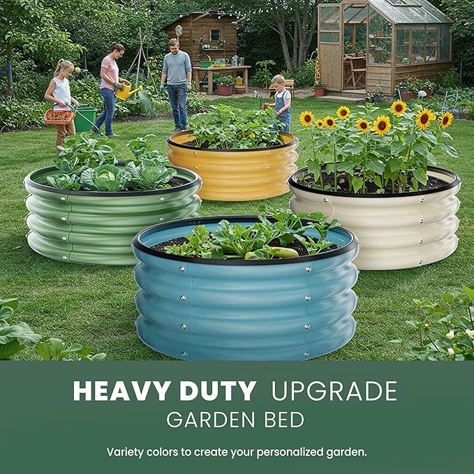 Round Galvanized Raised Garden Bed Kit, 2 Pcs 2 x 2 x 1ft Autumn Gold Galvanized Garden Boxes, Outdoor for Vegetables