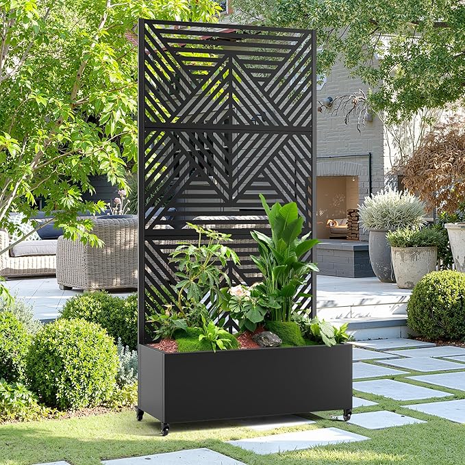 15.7"×70.9"×35.4" Metal Raised Garden Bed with Trellis and Wheels - Tall Trellis Planter Box for Climbing Plants, Vegetables & Vines - Outdoor Privacy Planters for Patio (Black-Zodiac)